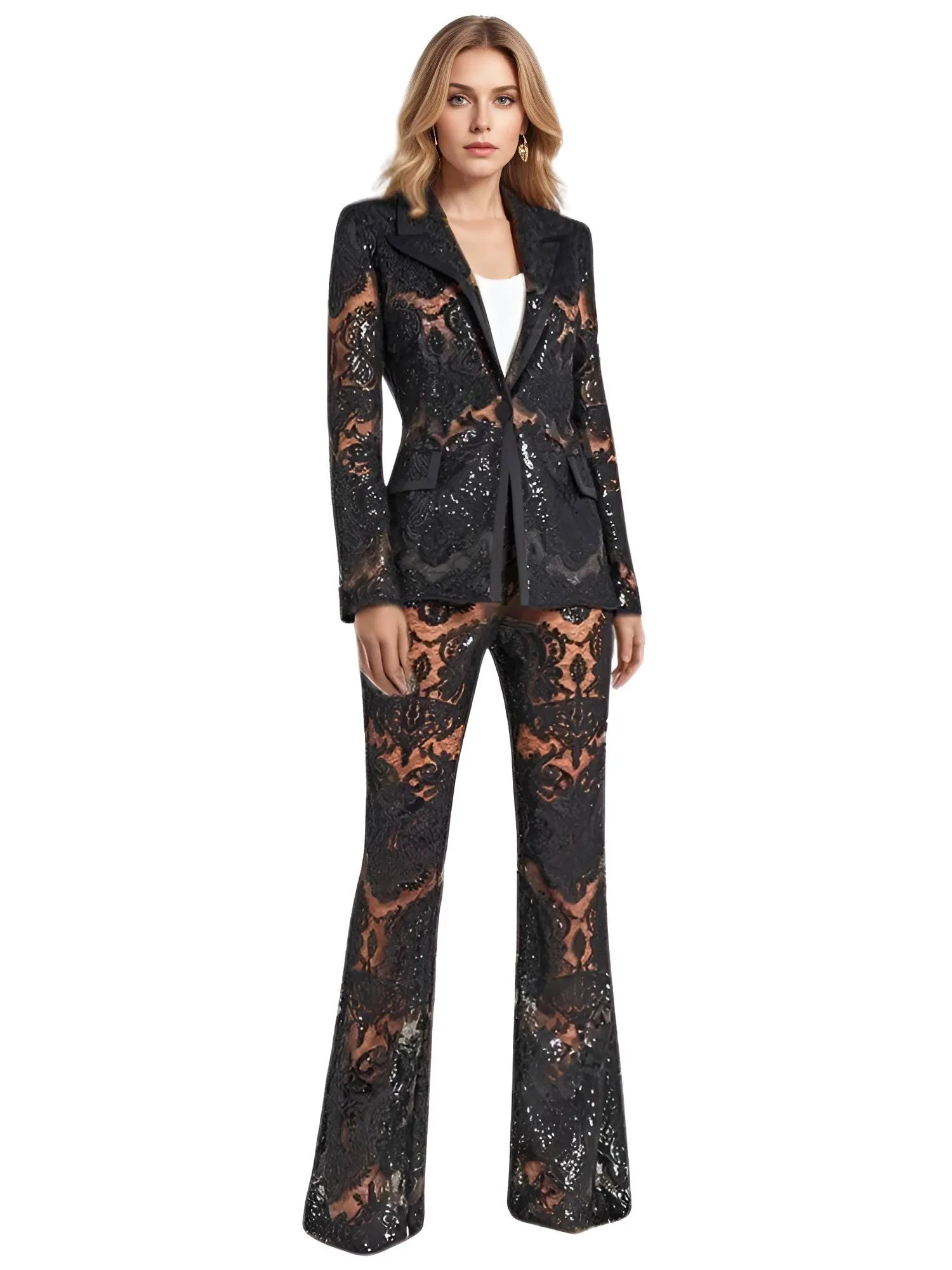 2024 Designer Runway Suit Set Women's Single Button Lace Sequined Blazer Pants Suit