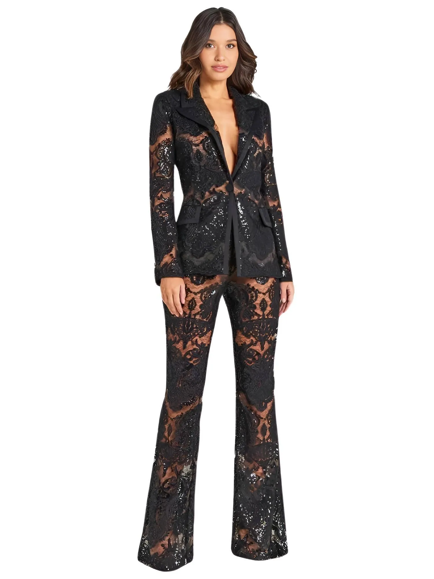 2024 Designer Runway Suit Set Women's Single Button Lace Sequined Blazer Pants Suit