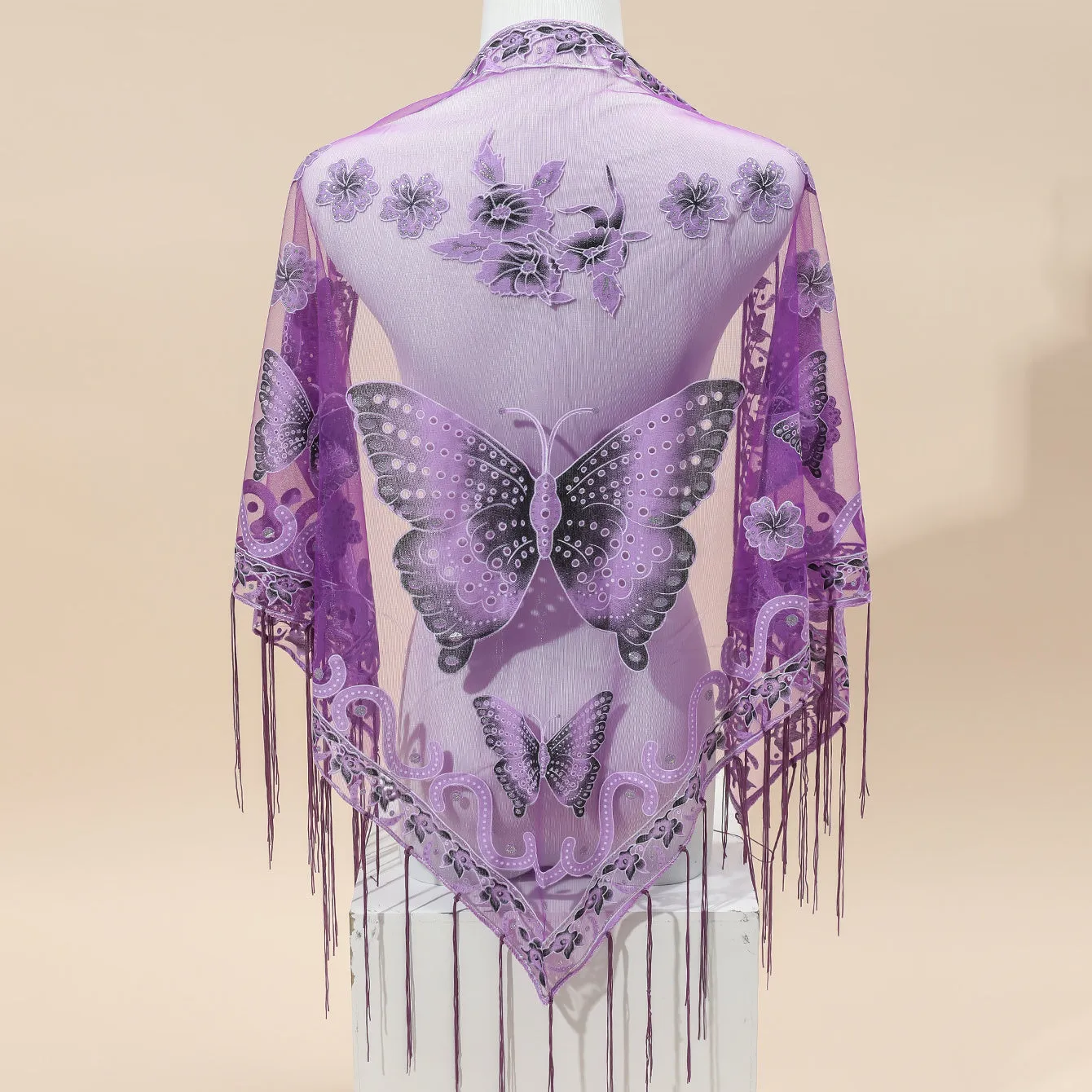 29.5"×55.1" Elegant Triangle Shawl - Breathable, Windproof, and Embroidered with Butterfly Flower Lace - Stylish Outdoor Accessory for Women