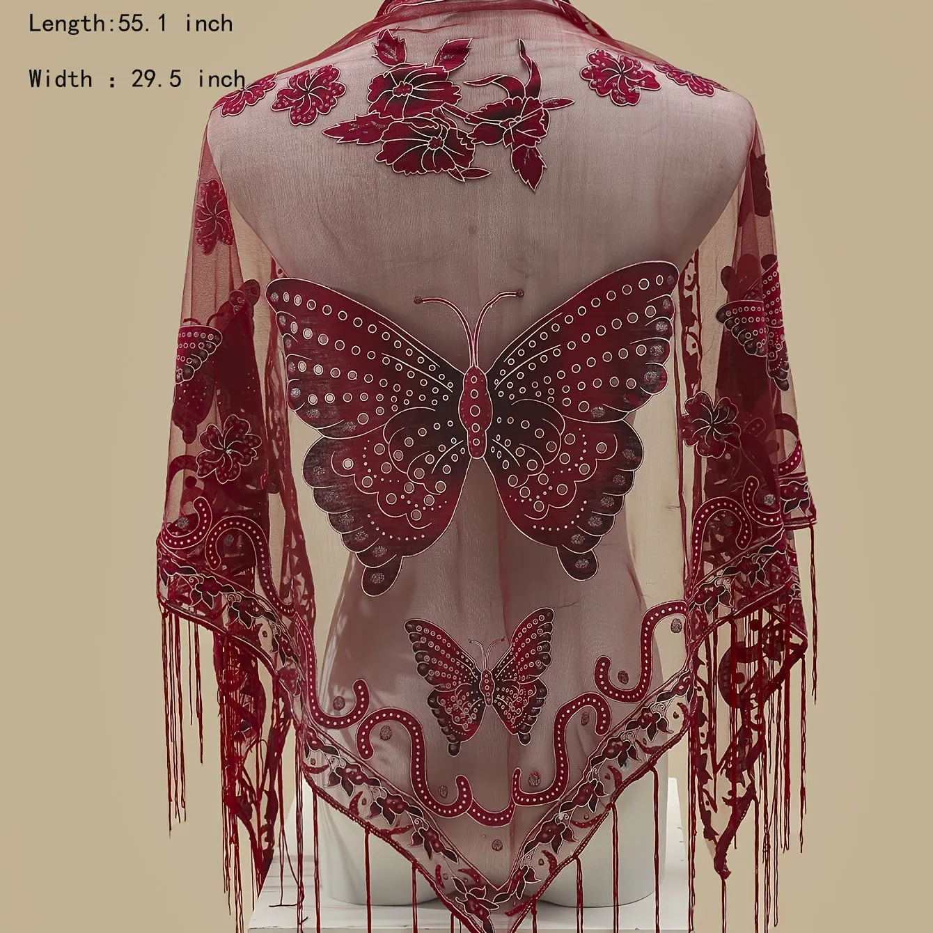 29.5"×55.1" Elegant Triangle Shawl - Breathable, Windproof, and Embroidered with Butterfly Flower Lace - Stylish Outdoor Accessory for Women