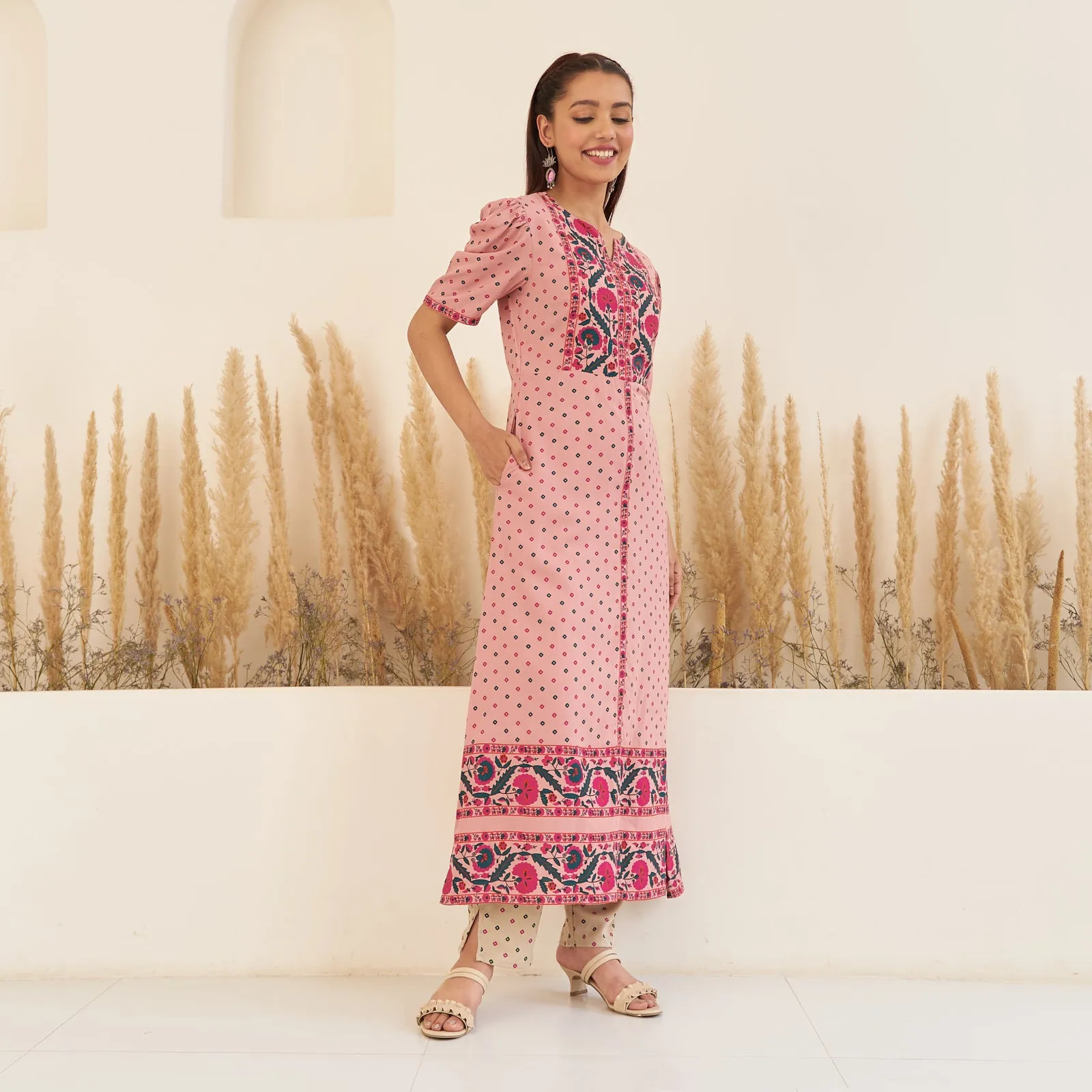 Baby Pink Bandhani Inspired Kurta Pant Co-ord Set for Women with Puff Sleeves