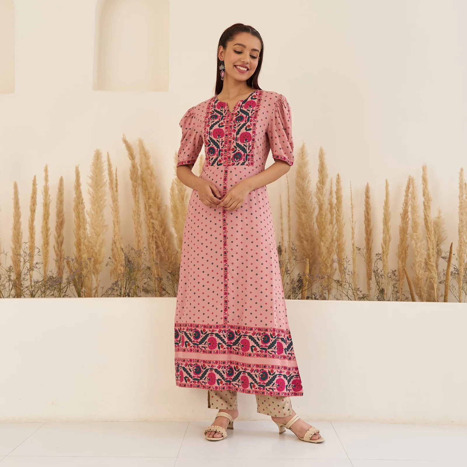 Baby Pink Bandhani Inspired Kurta Pant Co-ord Set for Women with Puff Sleeves