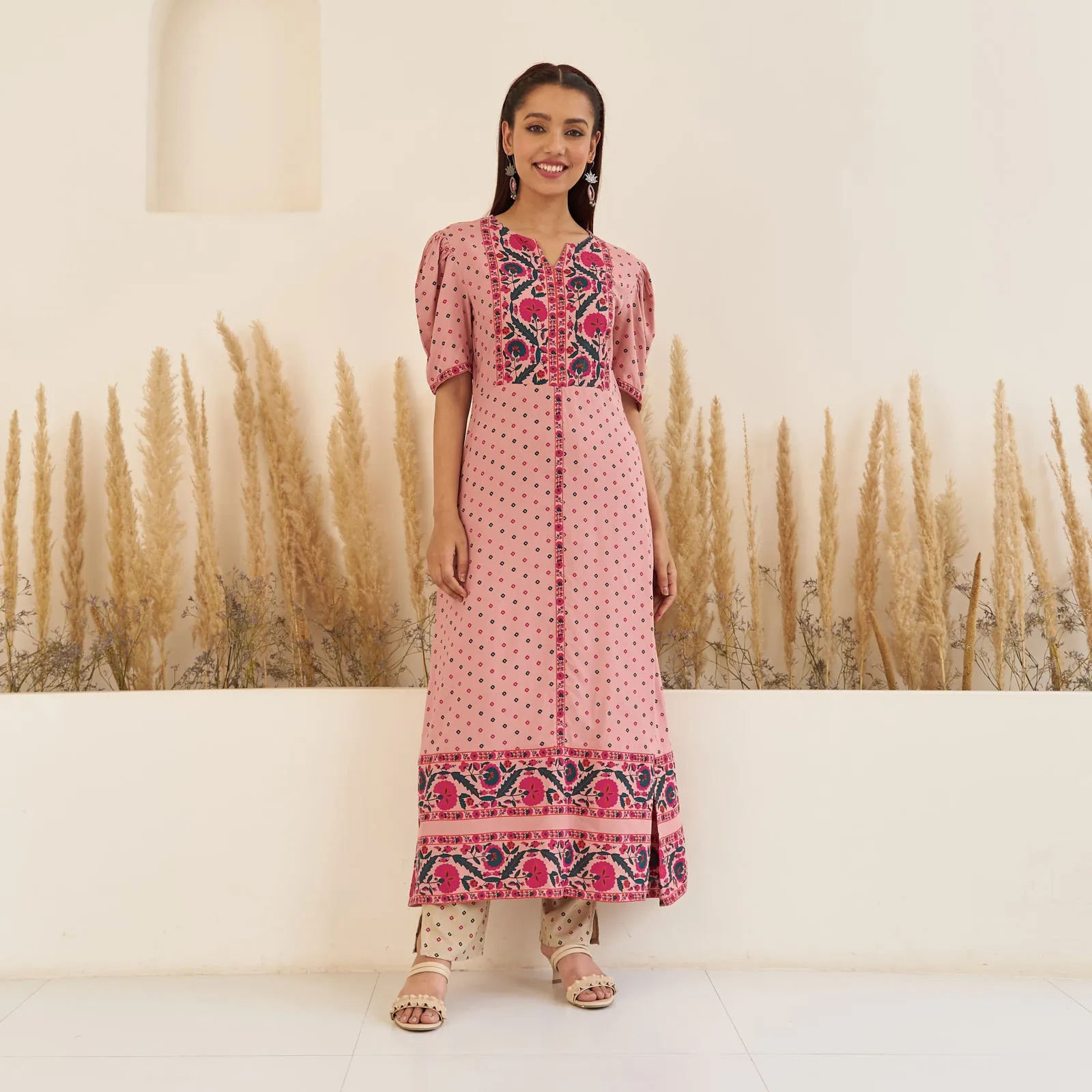 Baby Pink Bandhani Inspired Kurta Pant Co-ord Set for Women with Puff Sleeves