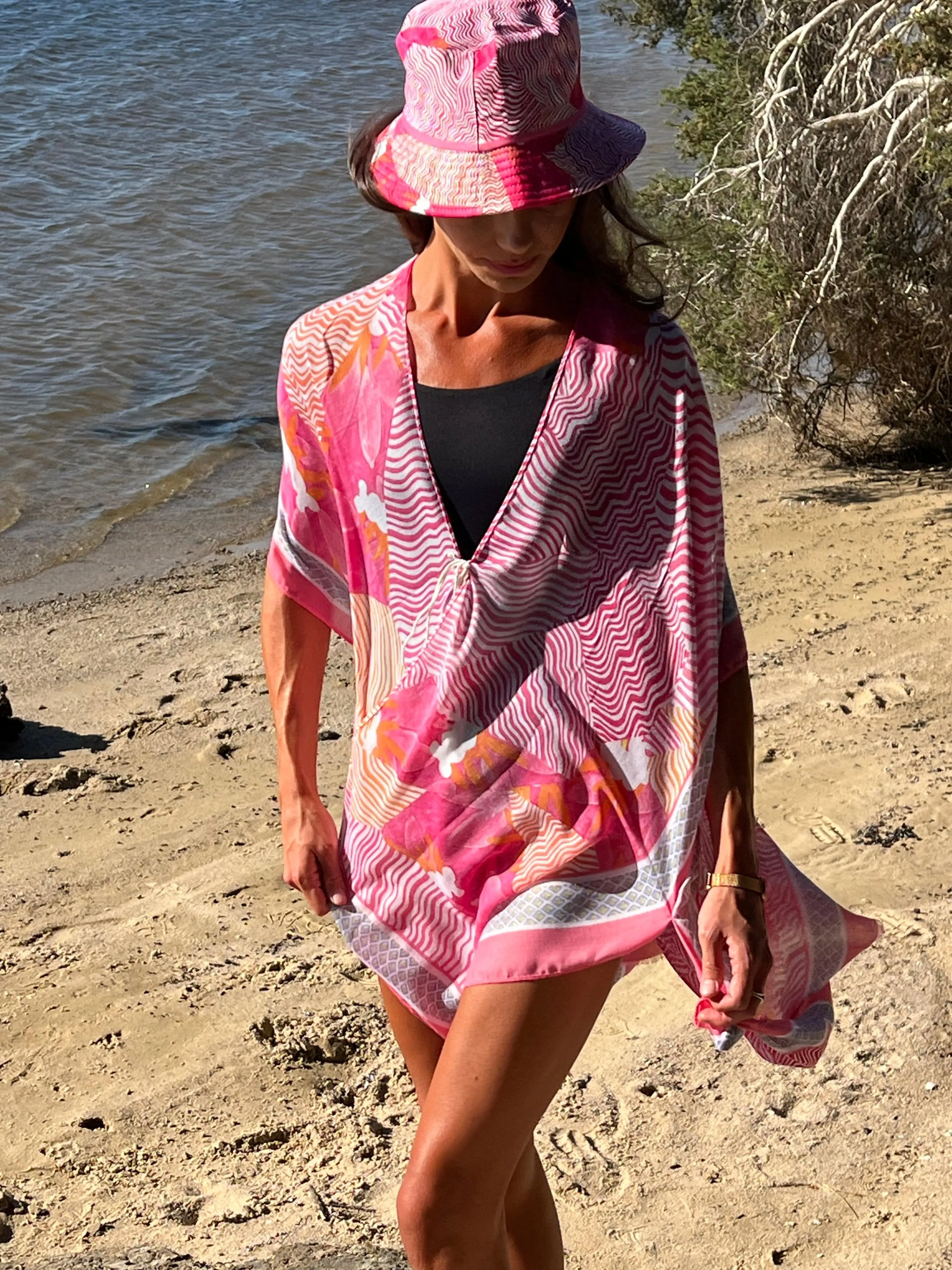 Beach Kimono and Bucket Hat Combo - Pink