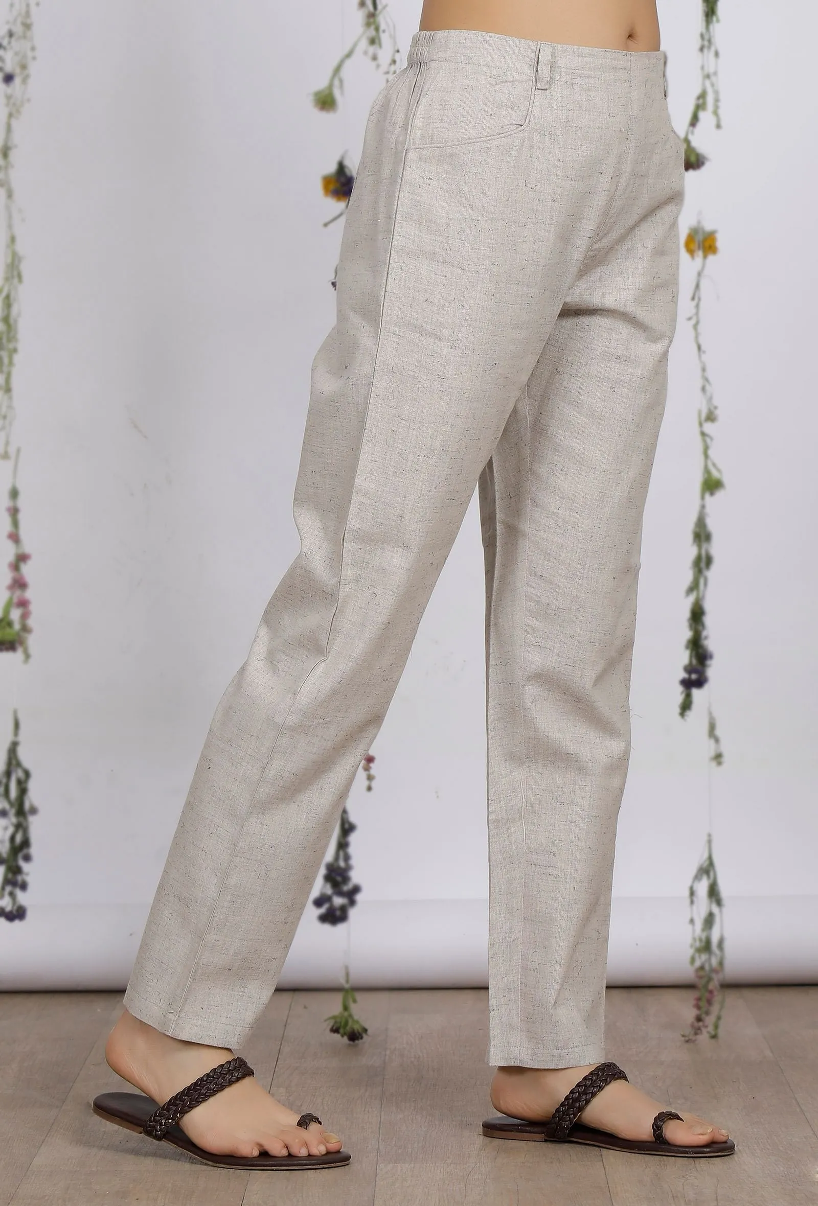 Beige Straight Cotton Khadi Pants with Pockets