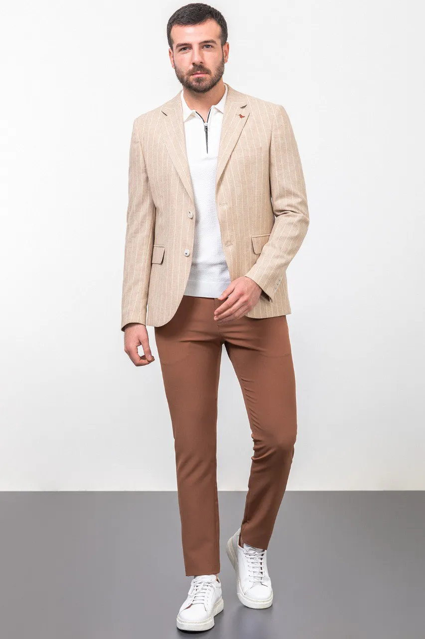 Bojoni Torretta Slim Fit Beige Striped Blazer