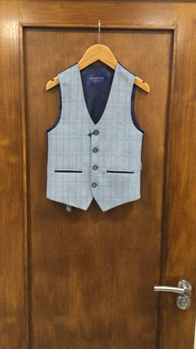 Boys Benetti Philip Light Blue Checked Waistcoat