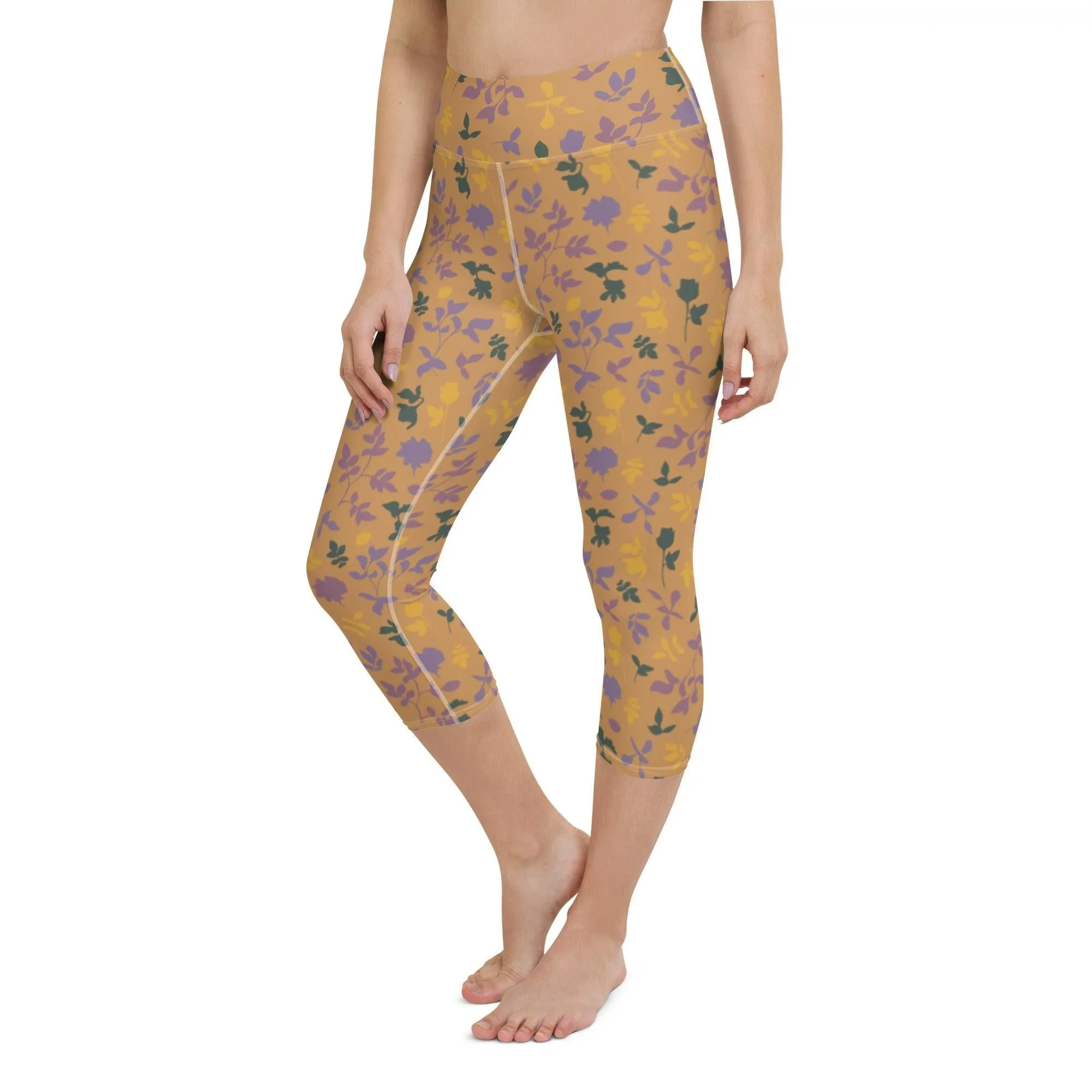 Brown Floral Women's Capri Yoga Pants