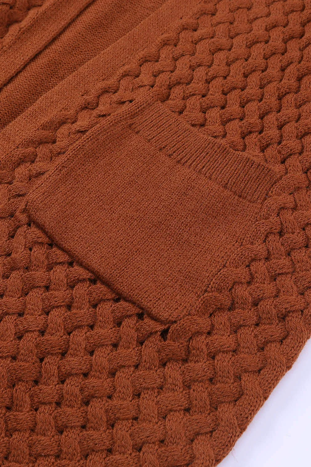 Brown Open Front Woven Texture Knitted Cardigan with Pockets