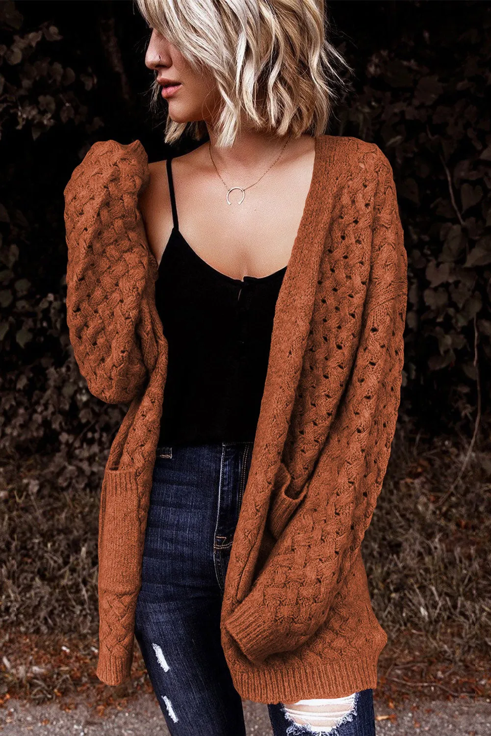 Brown Open Front Woven Texture Knitted Cardigan with Pockets