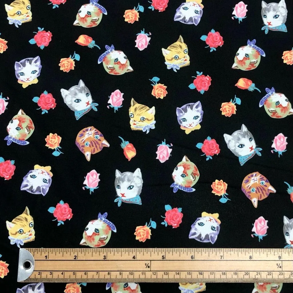 Cats and Roses on Black Cotton-Touch Polyester Fabric