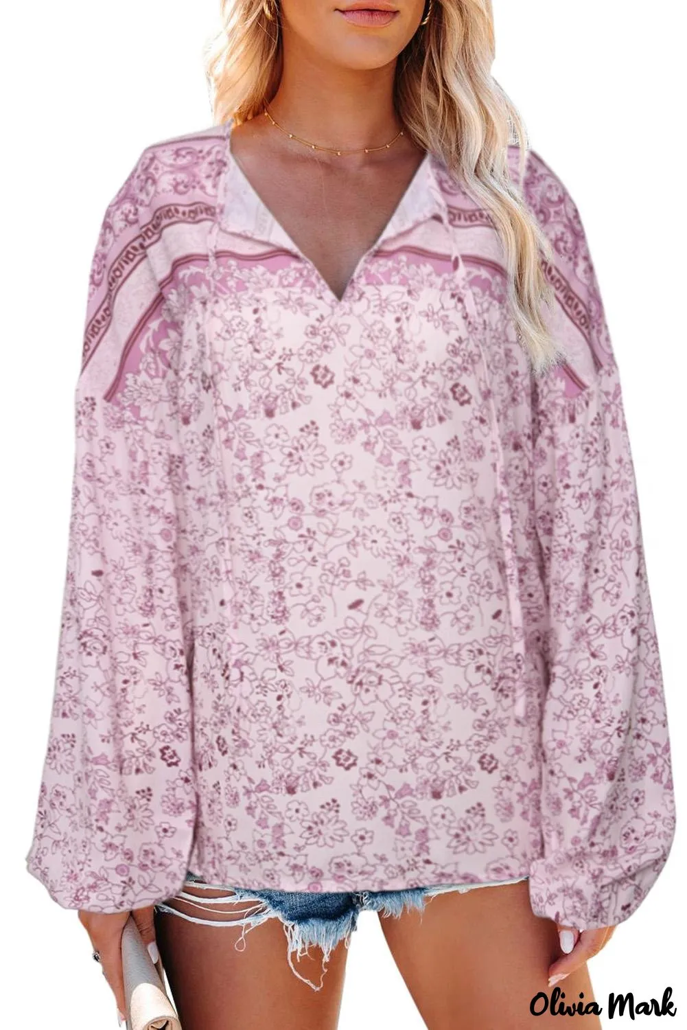 Deanwangkt - Loose puff sleeve shirt with drawstring and floral print