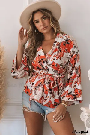 Deanwangkt - Orange floral wrap kimono blouse