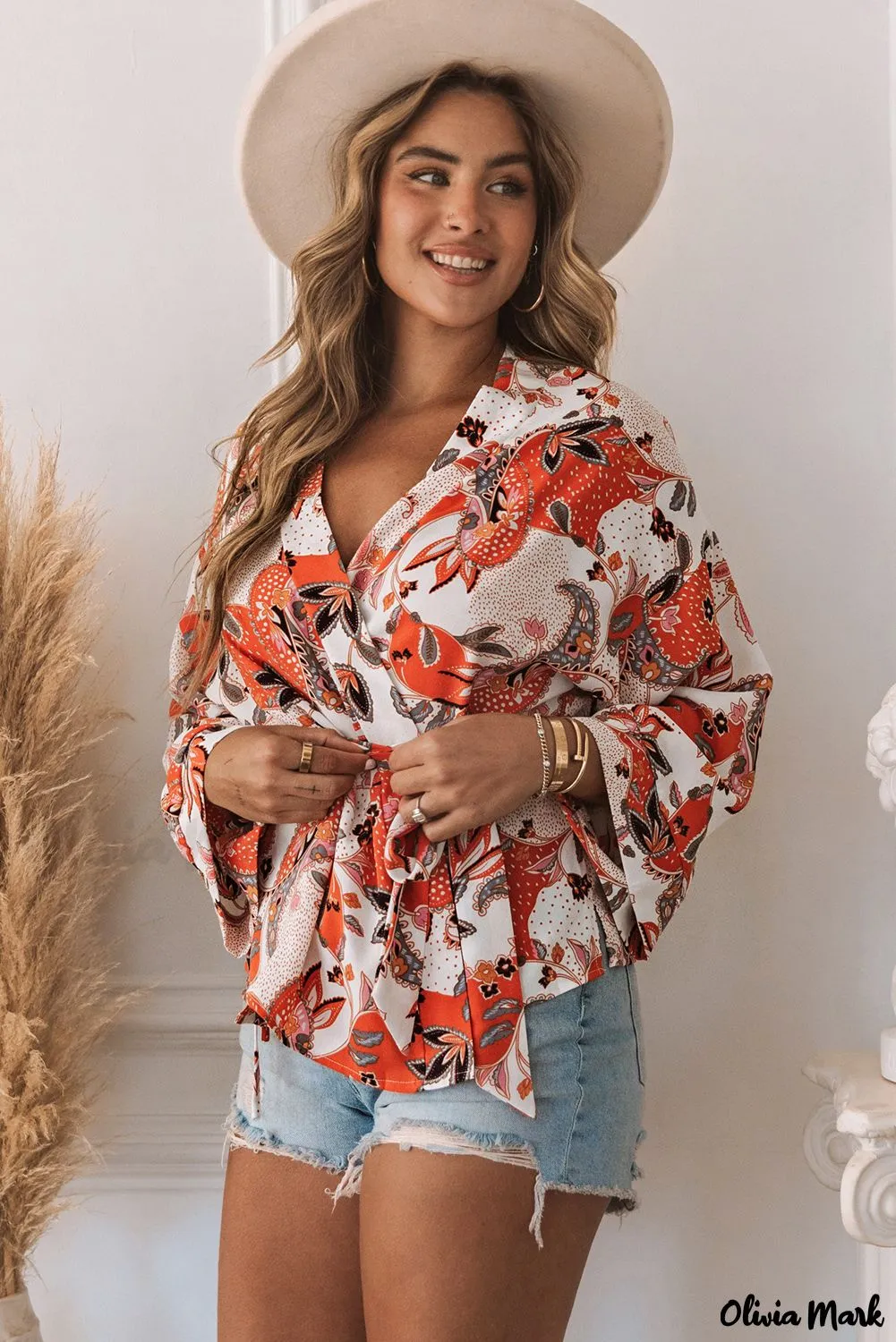 Deanwangkt - Orange floral wrap kimono blouse