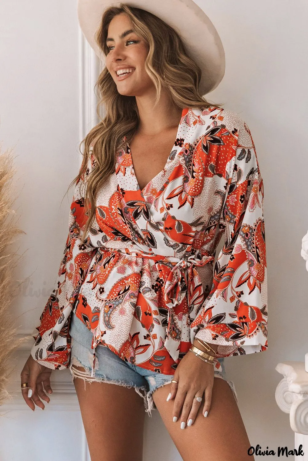 Deanwangkt - Orange floral wrap kimono blouse