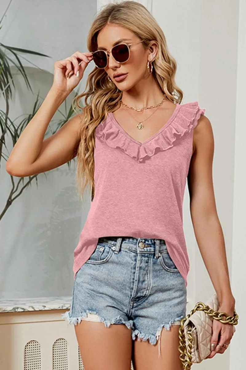 DEEP V FRILL NECK SLEEVELESS TOP