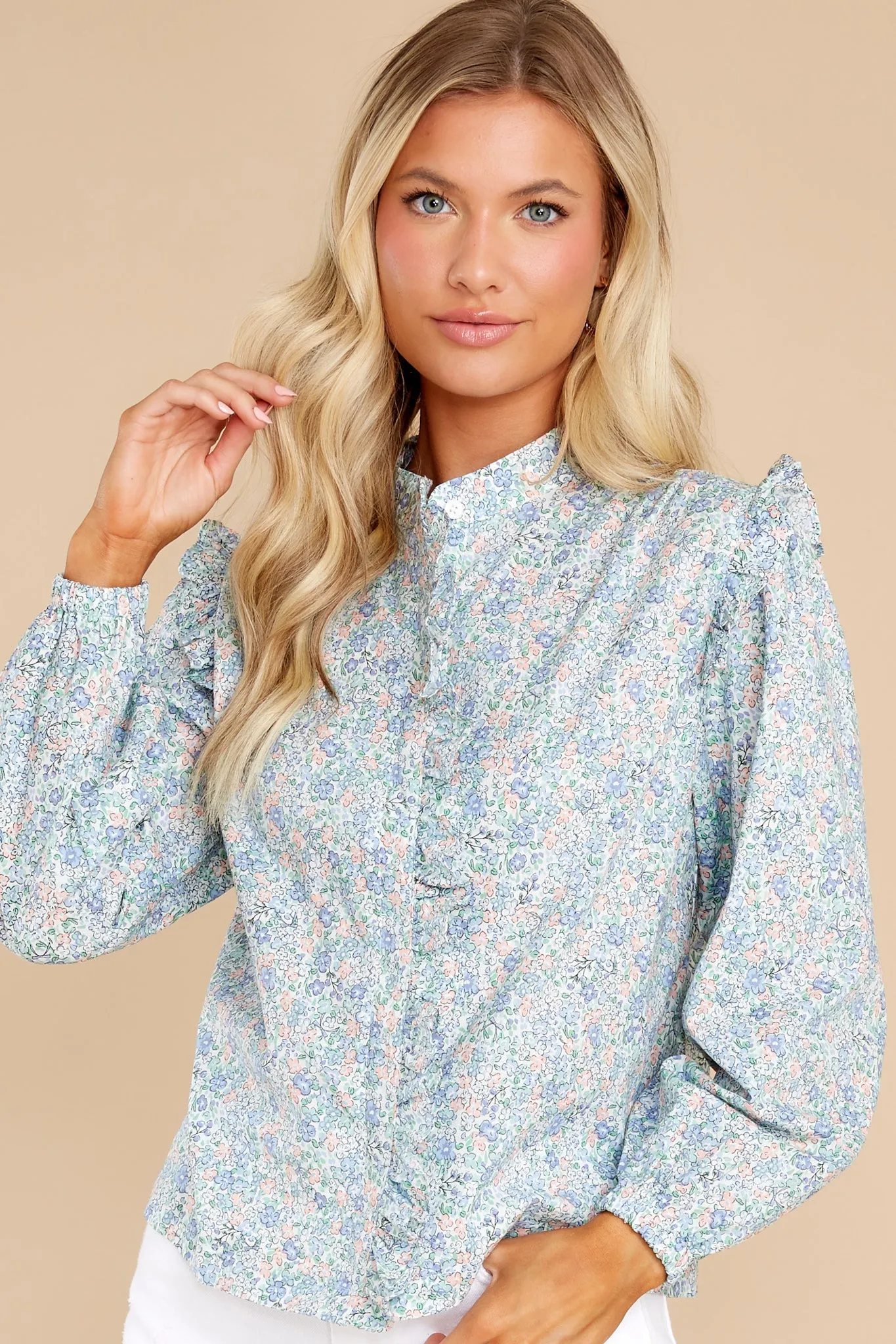 Face The Music Light Blue Floral Print Top