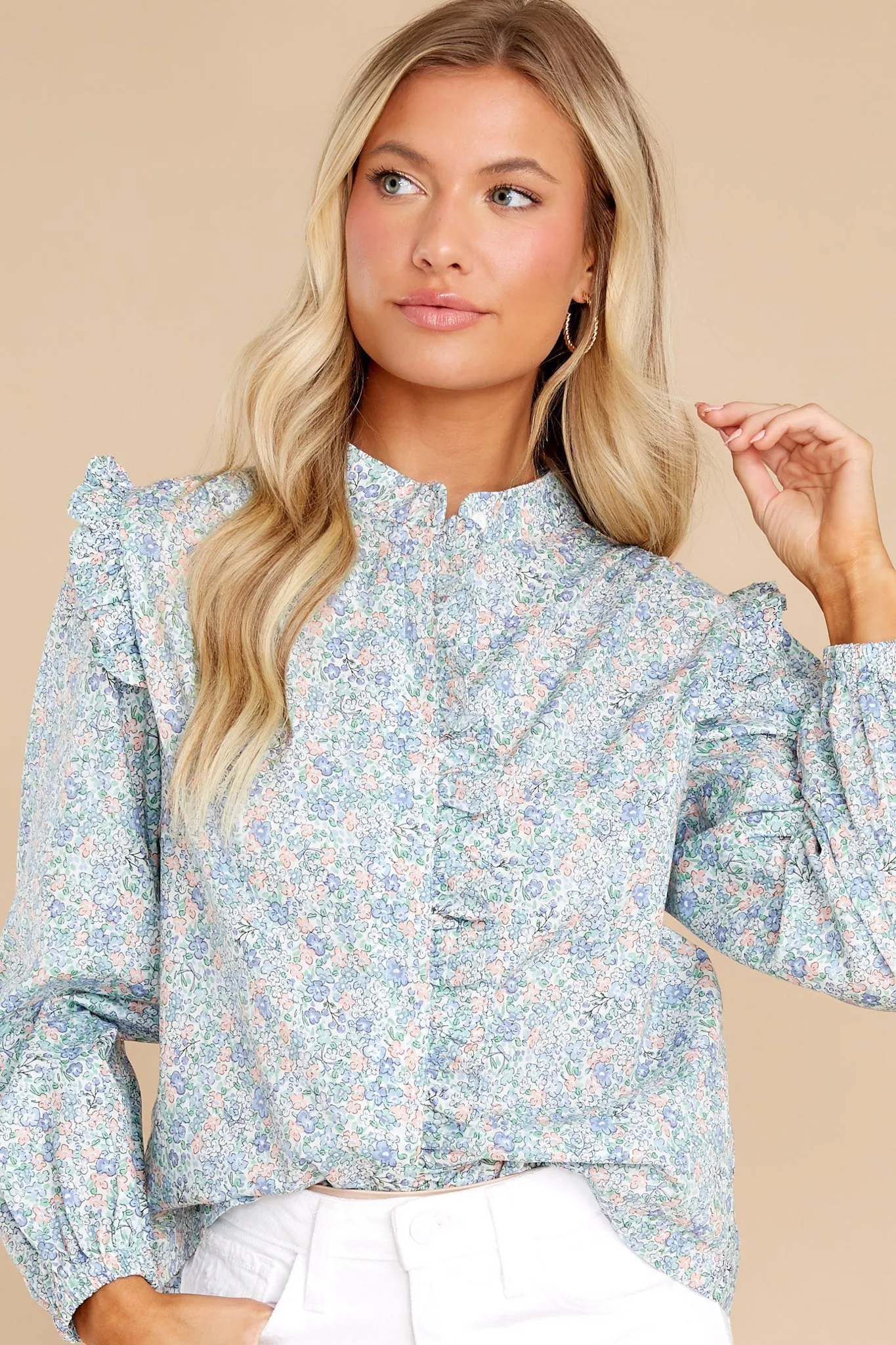 Face The Music Light Blue Floral Print Top