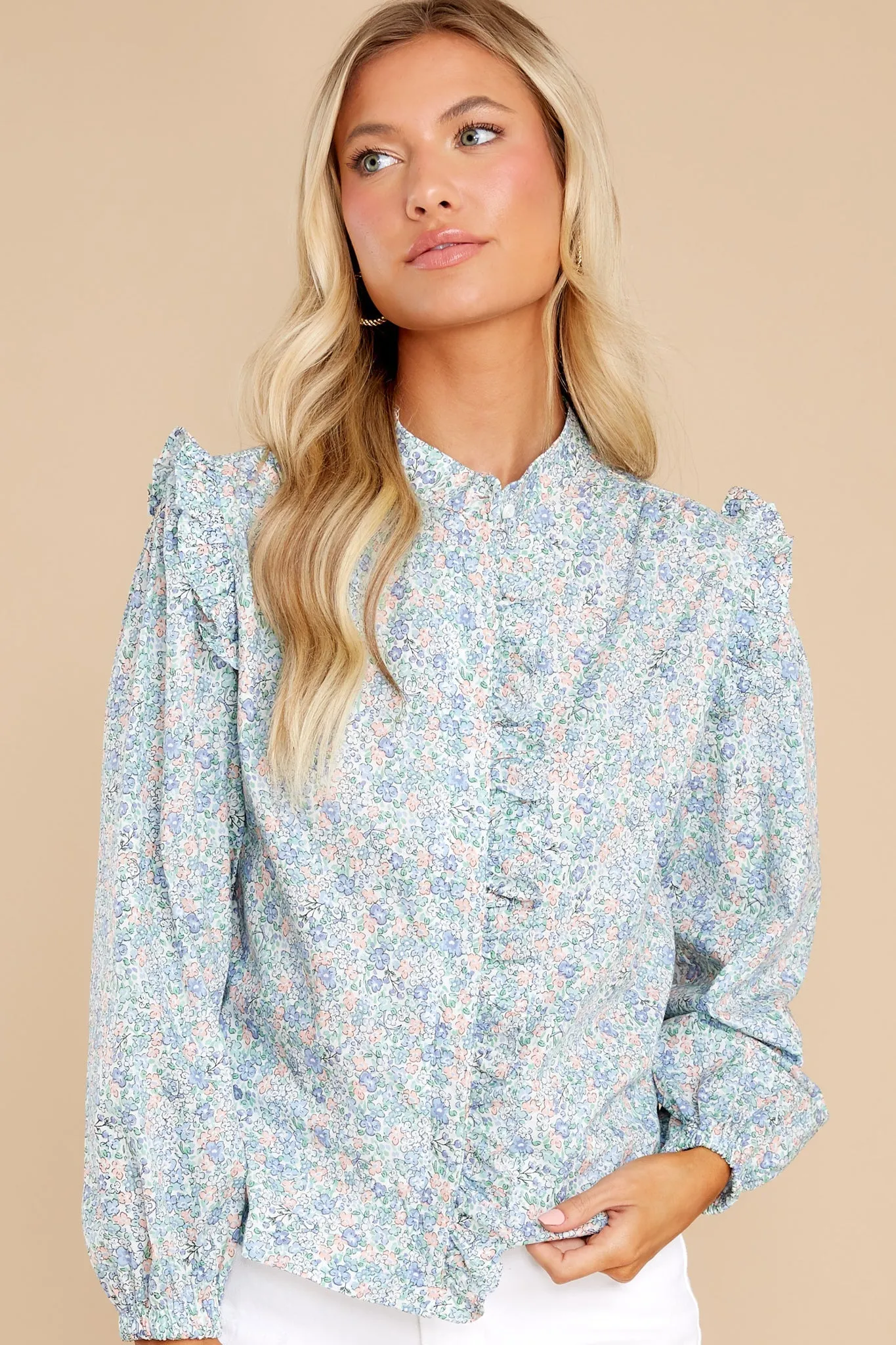 Face The Music Light Blue Floral Print Top