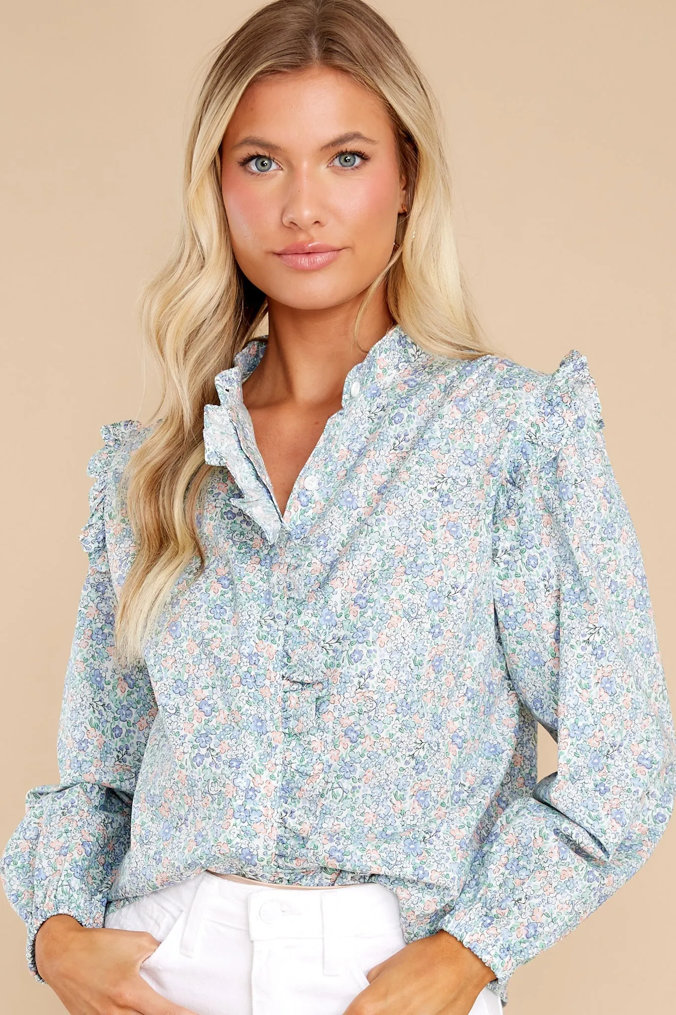 Face The Music Light Blue Floral Print Top