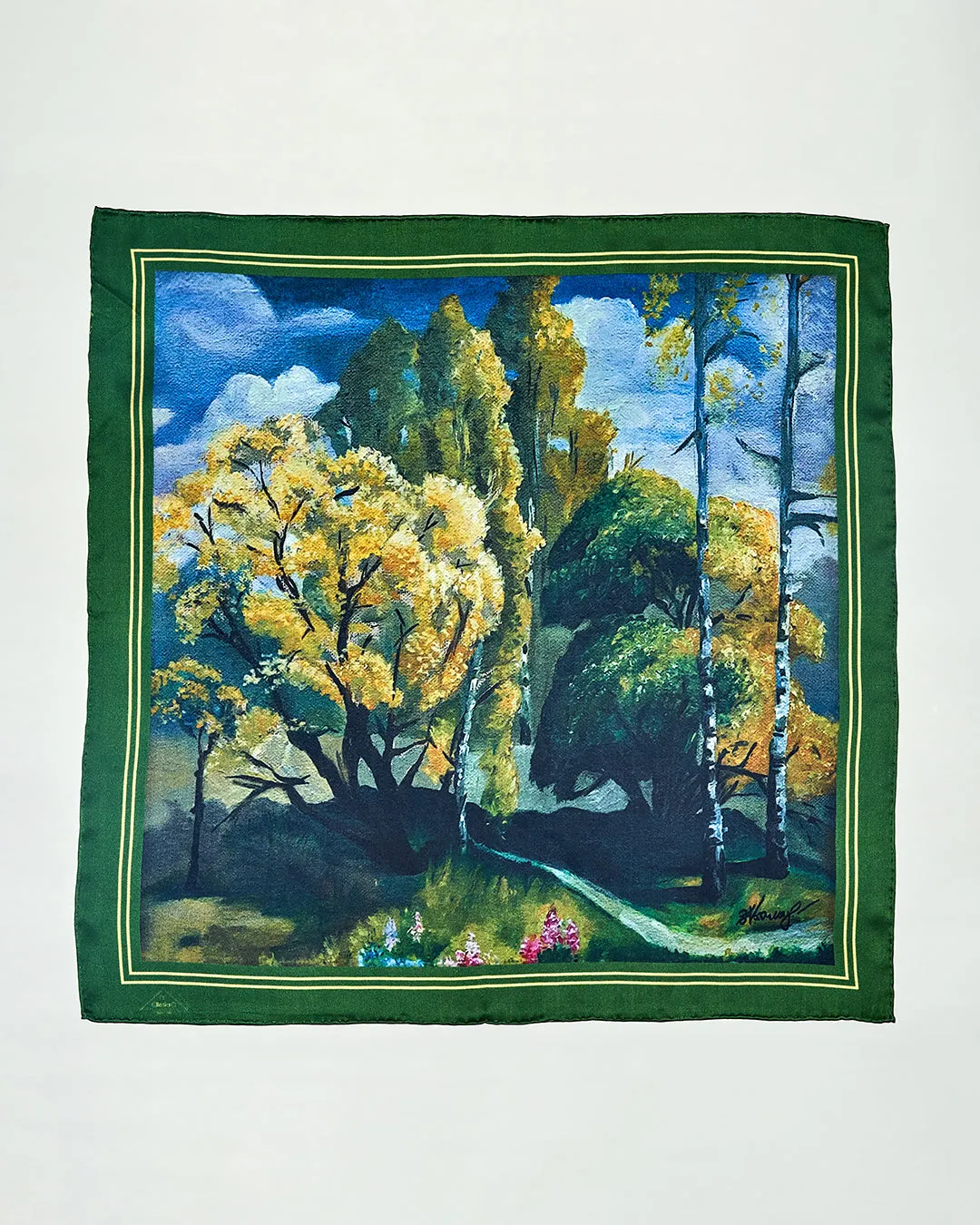 GOLD MEADOW Designer 100% Silk Art-A-Porte Scarf in Green Blue