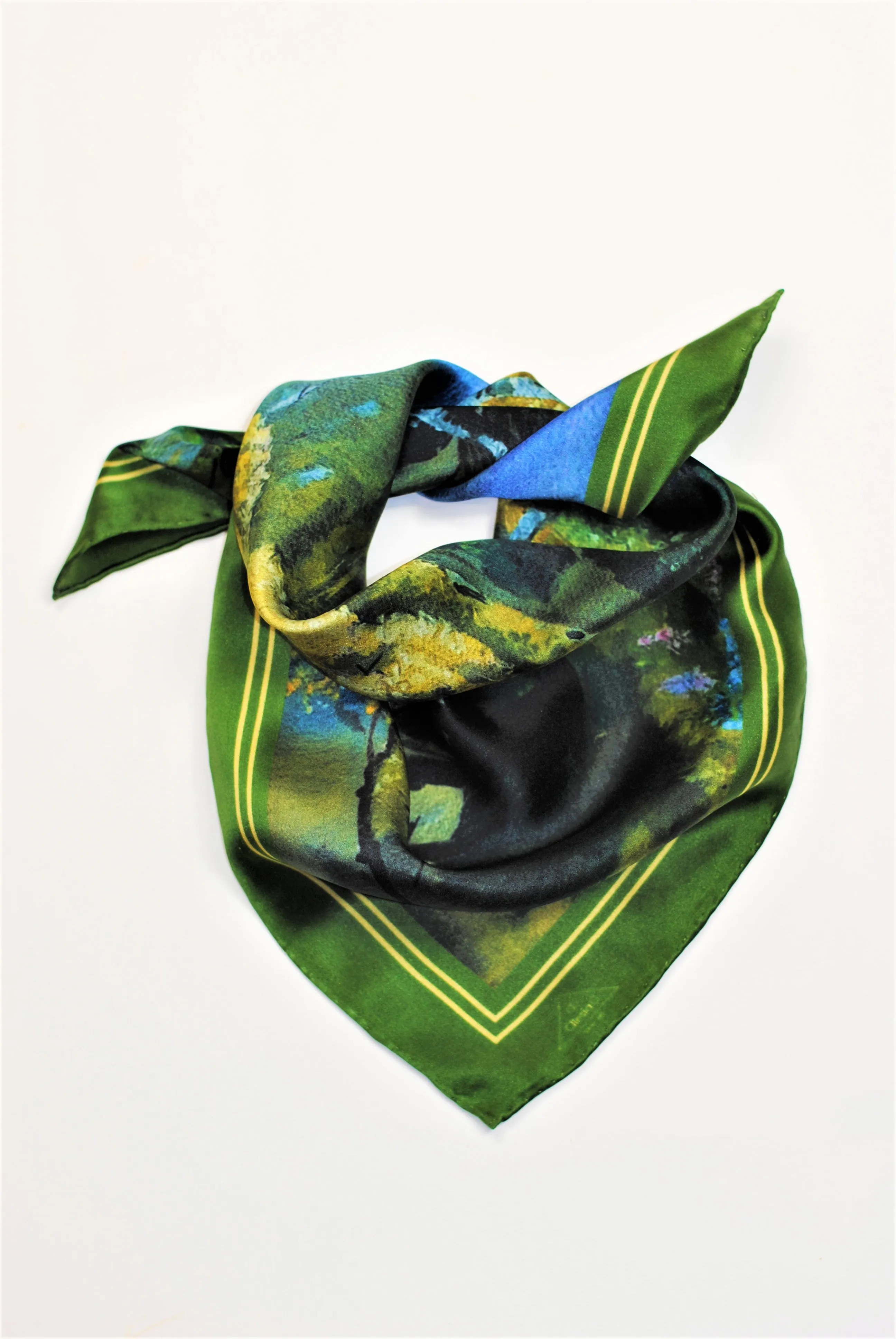 GOLD MEADOW Designer 100% Silk Art-A-Porte Scarf in Green Blue