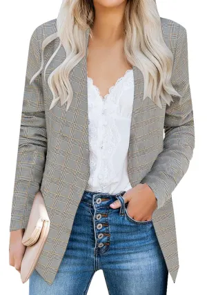 Grey Open-Front Side Pockets Plaid Blazer