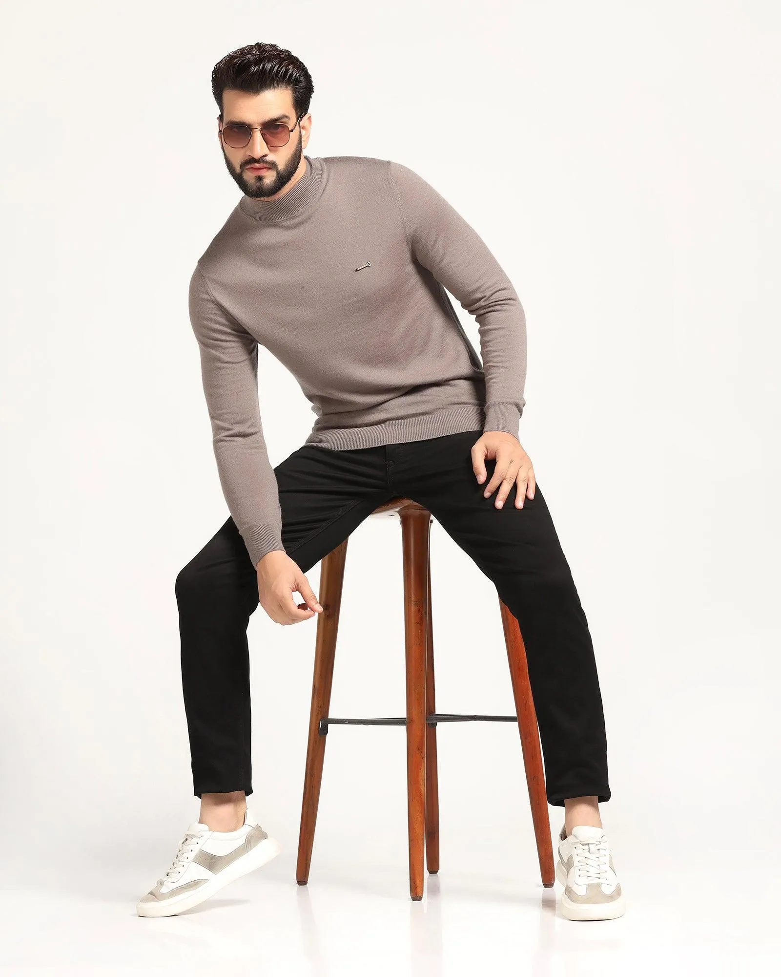 High Neck Beige Solid Sweater - Jester