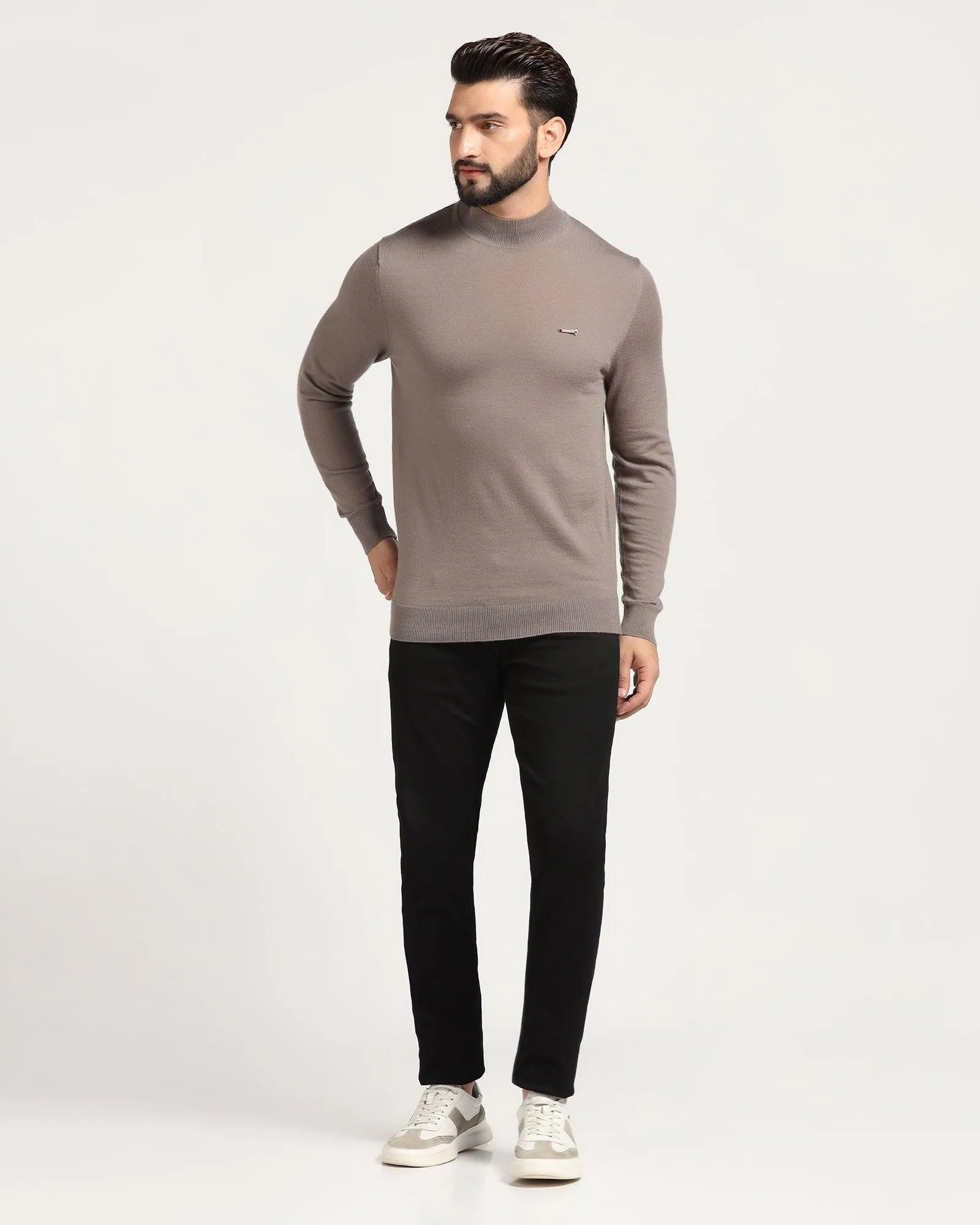 High Neck Beige Solid Sweater - Jester