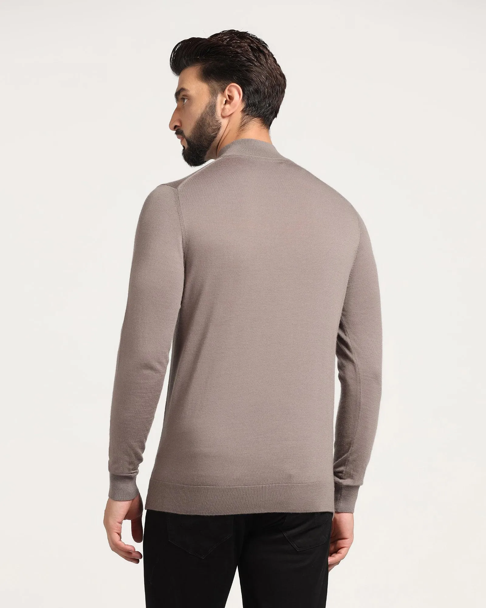 High Neck Beige Solid Sweater - Jester