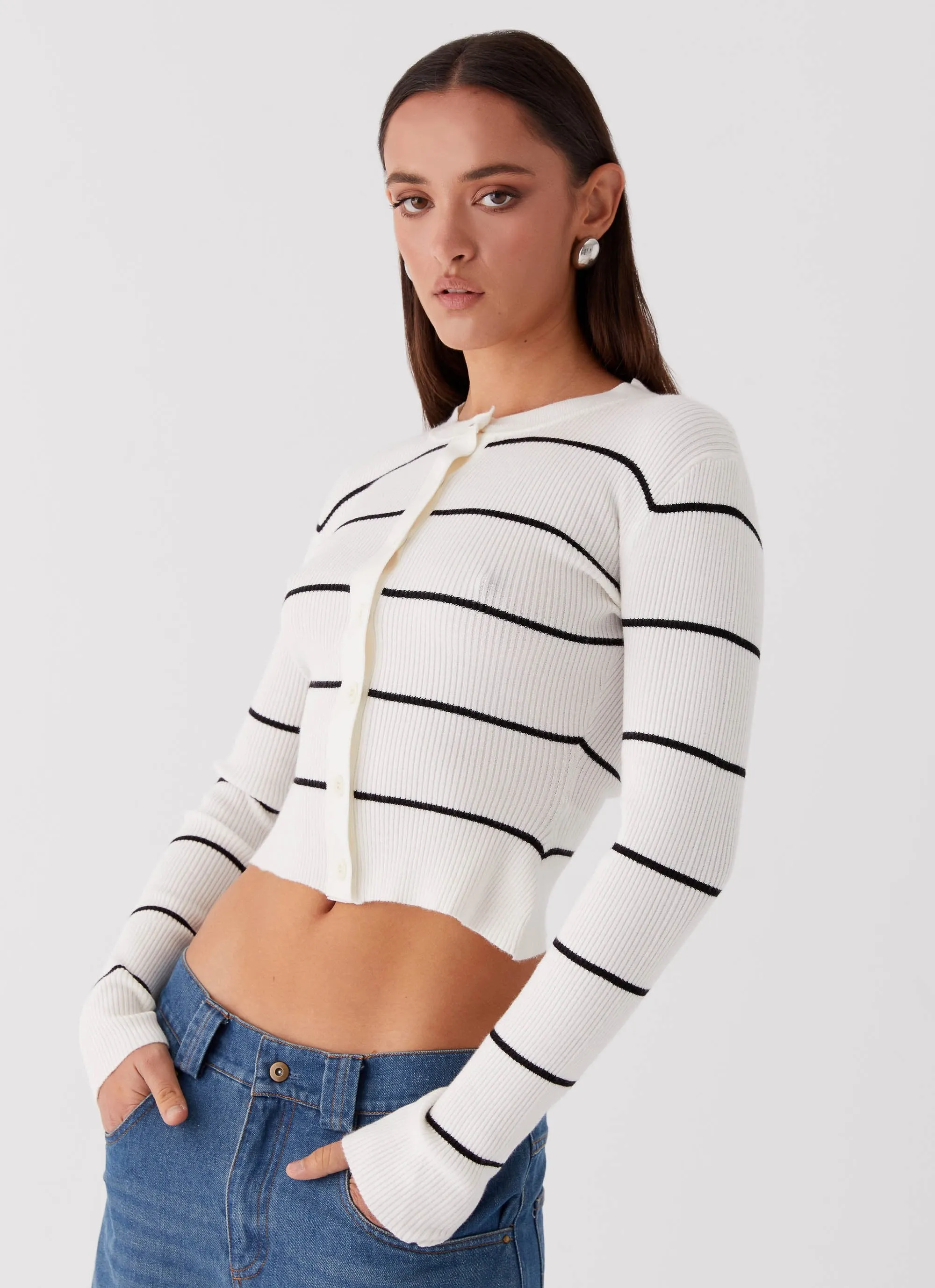 Kaylee Fitted Cardigan - White Stripe