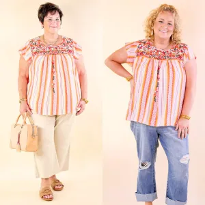 Lajitas Lady Striped Babydoll Top with Floral Embroidery in Orange and Pink