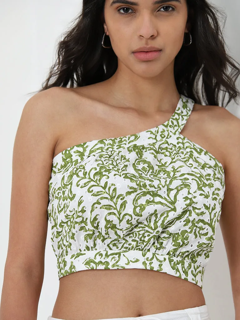 LOV Green Foliage Design One-Shoulder Cotton Top