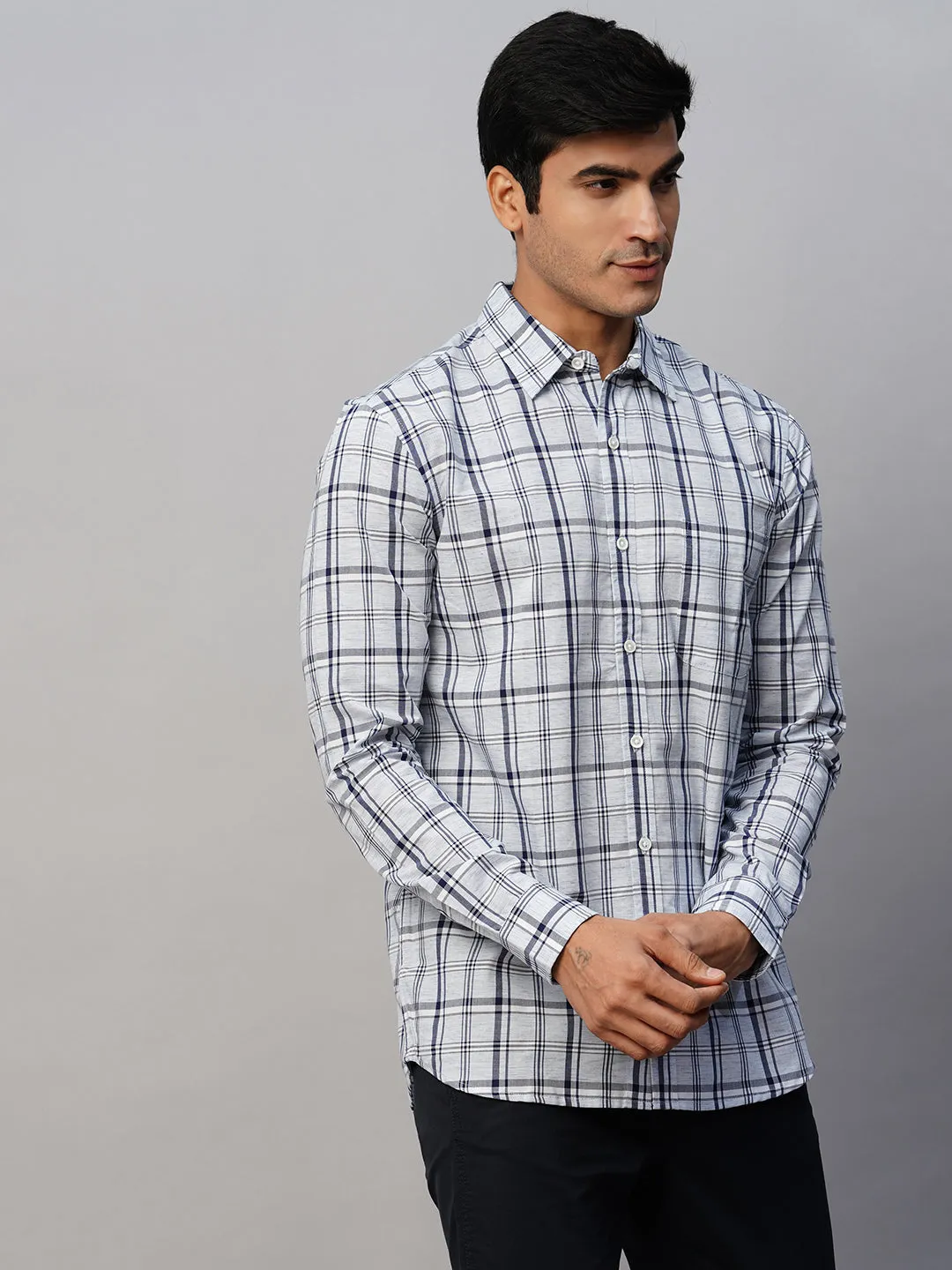 Men's Blue Linen Cotton Lyocell Regular Fit Checked Shirt