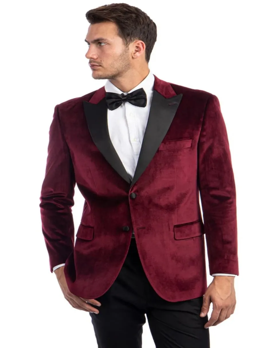 Mens Two Button Peak Lapel Velvet Wedding & Burgundy Prom Tuxedo Jacket