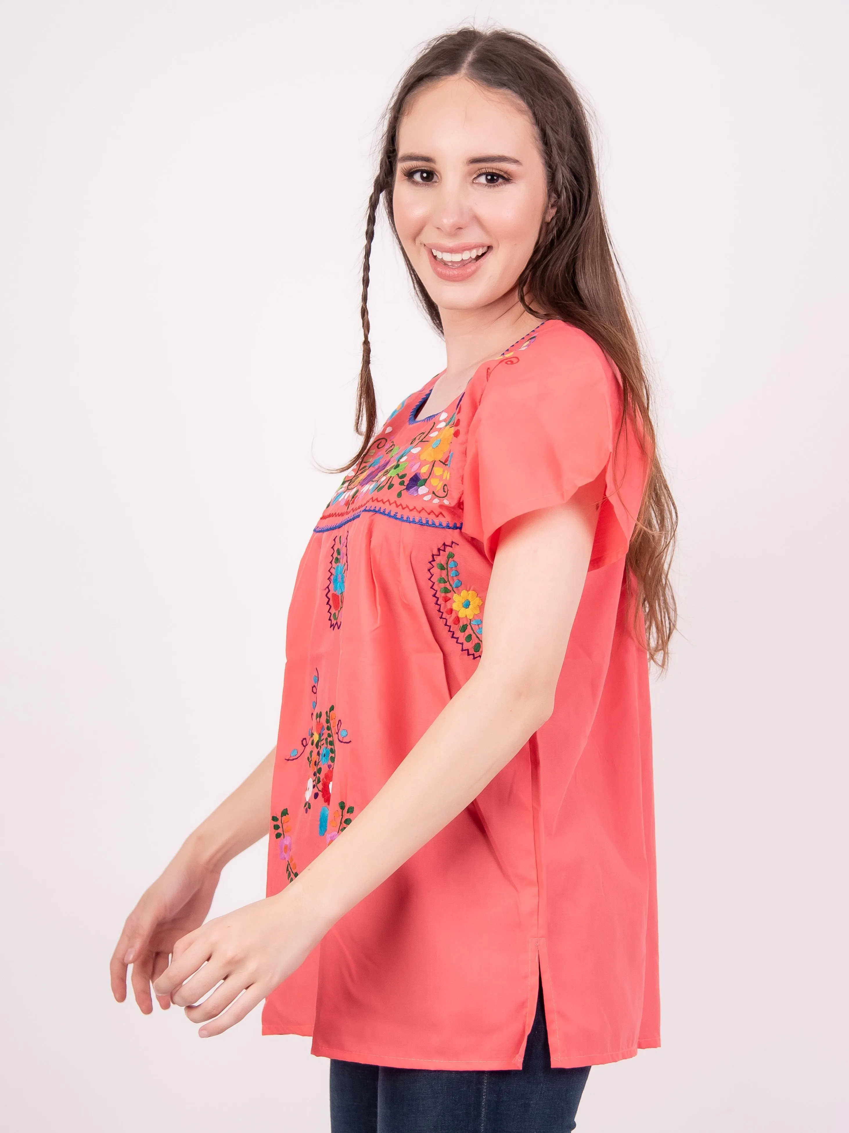 Mexican Tehuacan Full Embroidered Blouse Coral