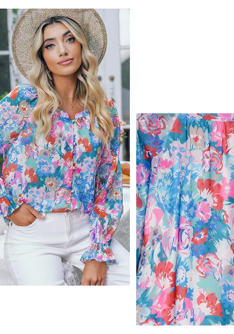 Mix Color Floral Women's Floral Ruffle Button Down Long Sleeve Blouse