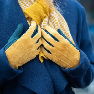 Mustard & Teal Grey Faux Suede Gloves