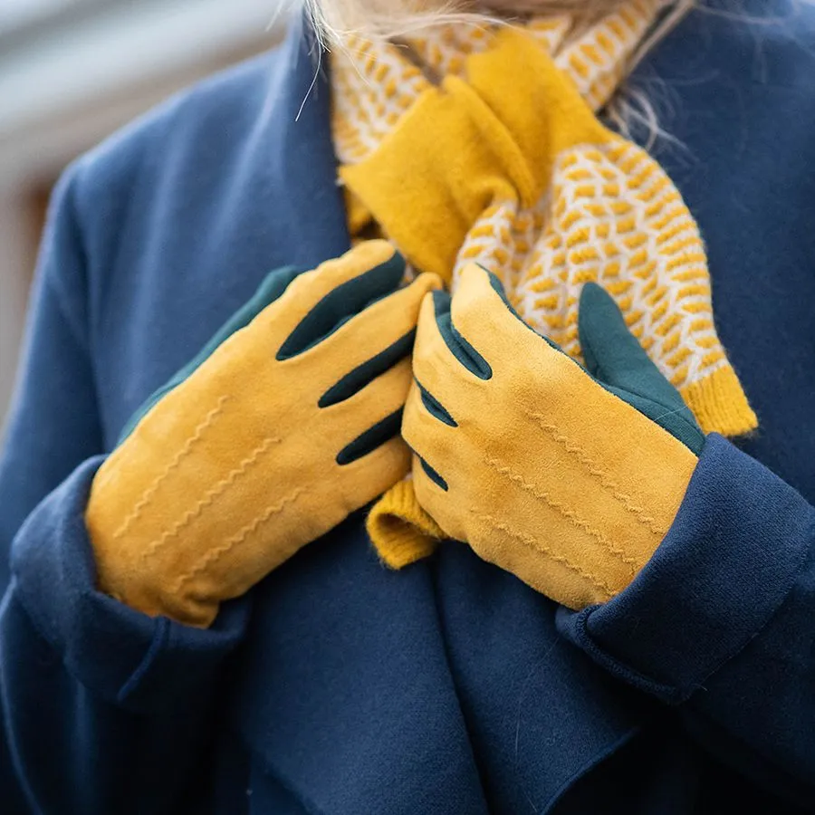 Mustard & Teal Grey Faux Suede Gloves