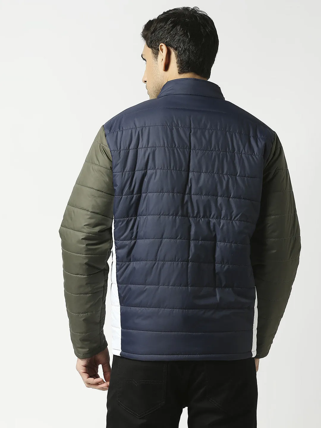 Navy Blue Puffer Jacket With Contrast Sleeves