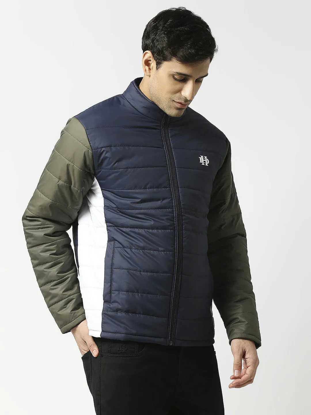 Navy Blue Puffer Jacket With Contrast Sleeves