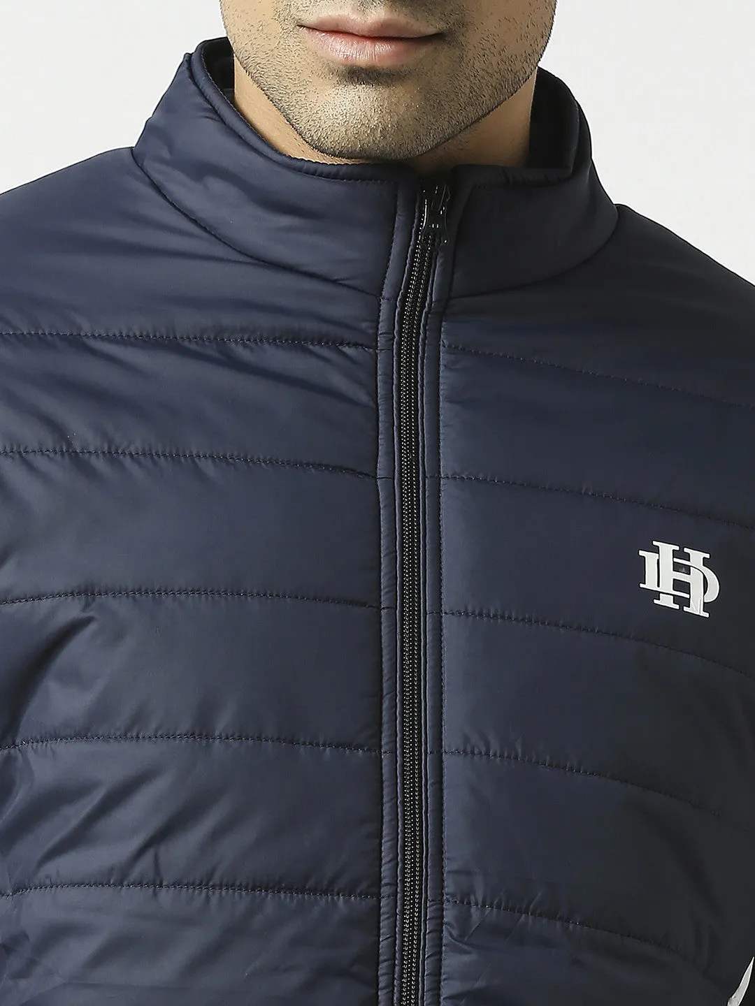 Navy Blue Puffer Jacket With Contrast Sleeves