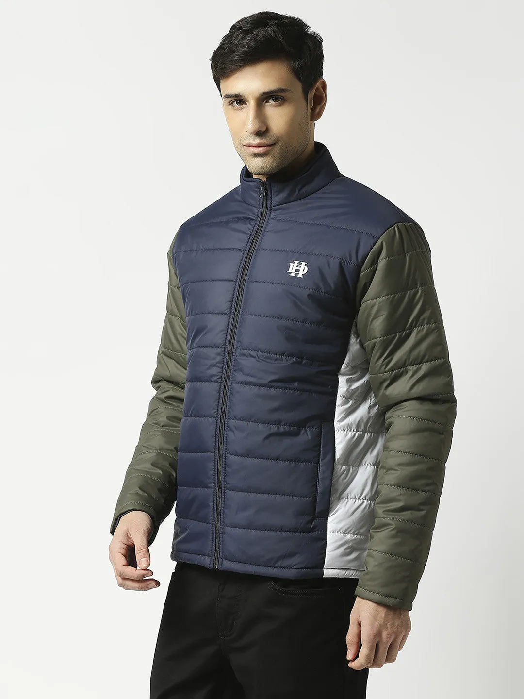 Navy Blue Puffer Jacket With Contrast Sleeves