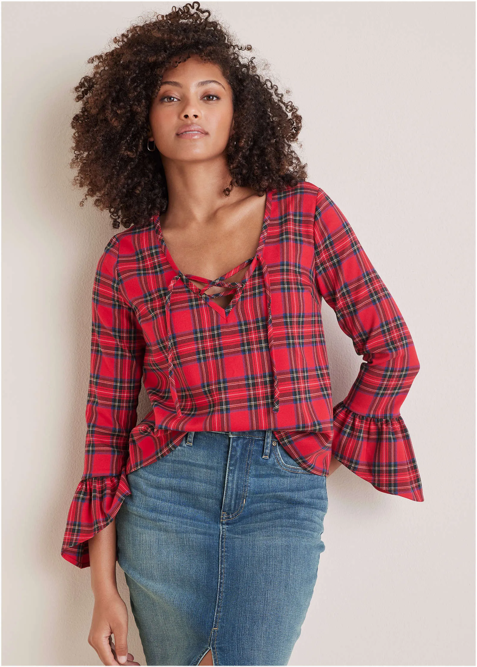 Plaid Ruffle Sleeve Top - Racing Red Multi