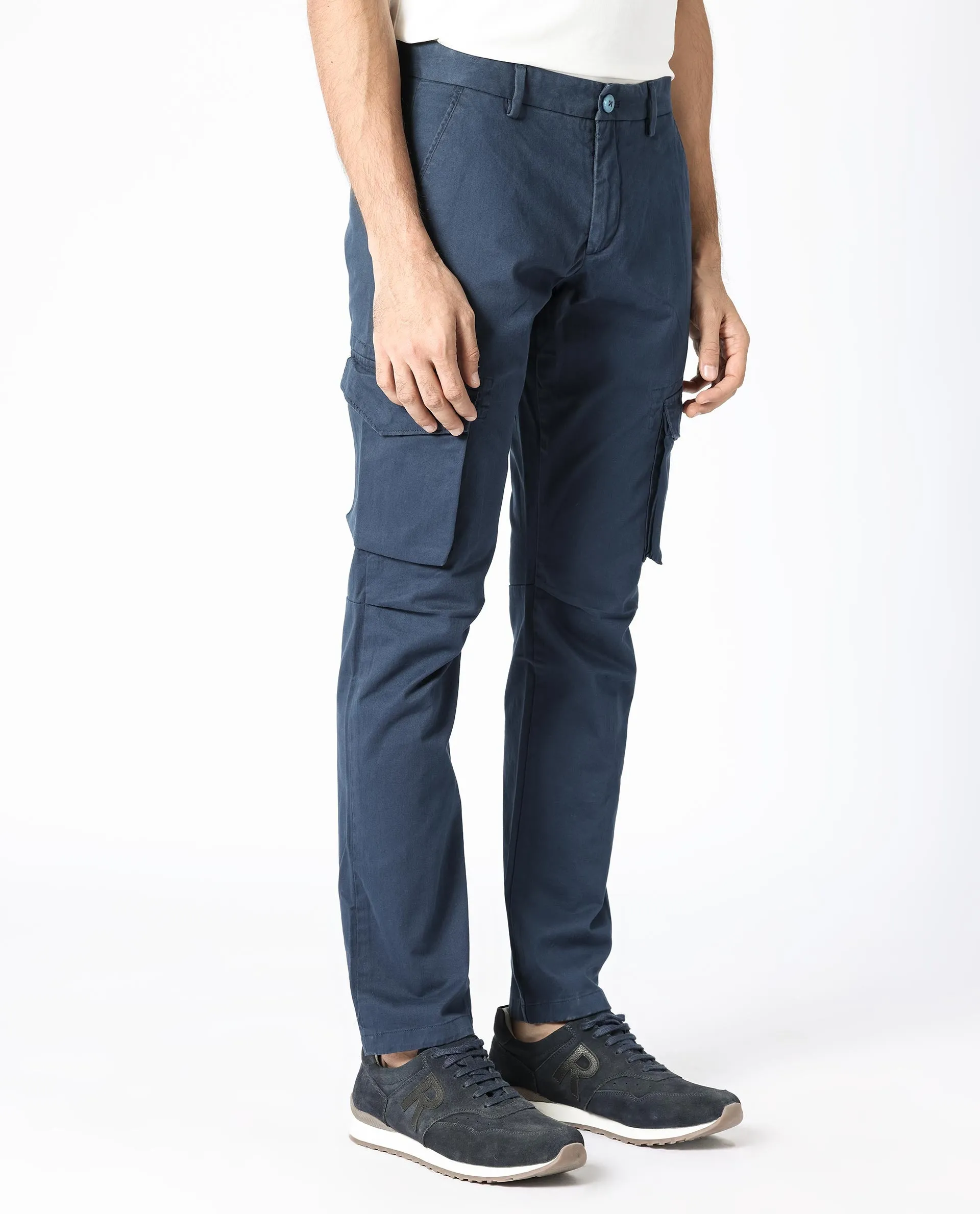 Rare Rabbit Men's Celu Navy Solid Mid-Rise Cargo Style Slim-Fit Trouser