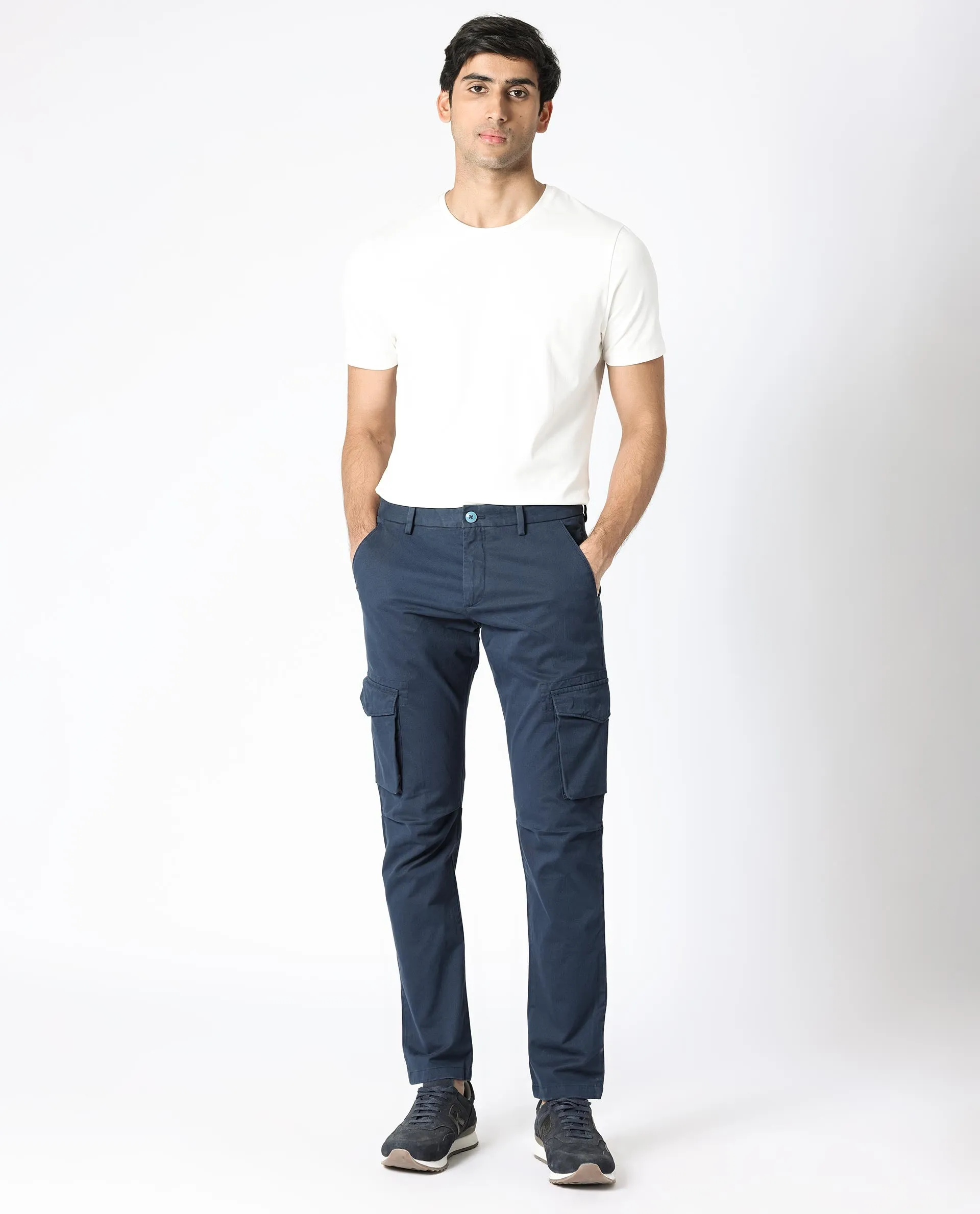 Rare Rabbit Men's Celu Navy Solid Mid-Rise Cargo Style Slim-Fit Trouser