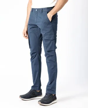 Rare Rabbit Men's Celu Navy Solid Mid-Rise Cargo Style Slim-Fit Trouser