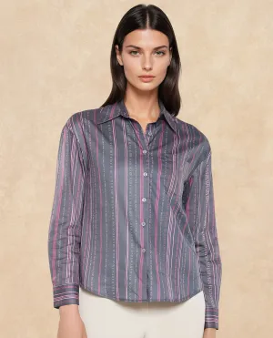 Rareism Women Aodh Grey 80'S Cotton Satin Fabric Cuffed Sleeve Collared Neck Button Closure Narrow Stripes Top