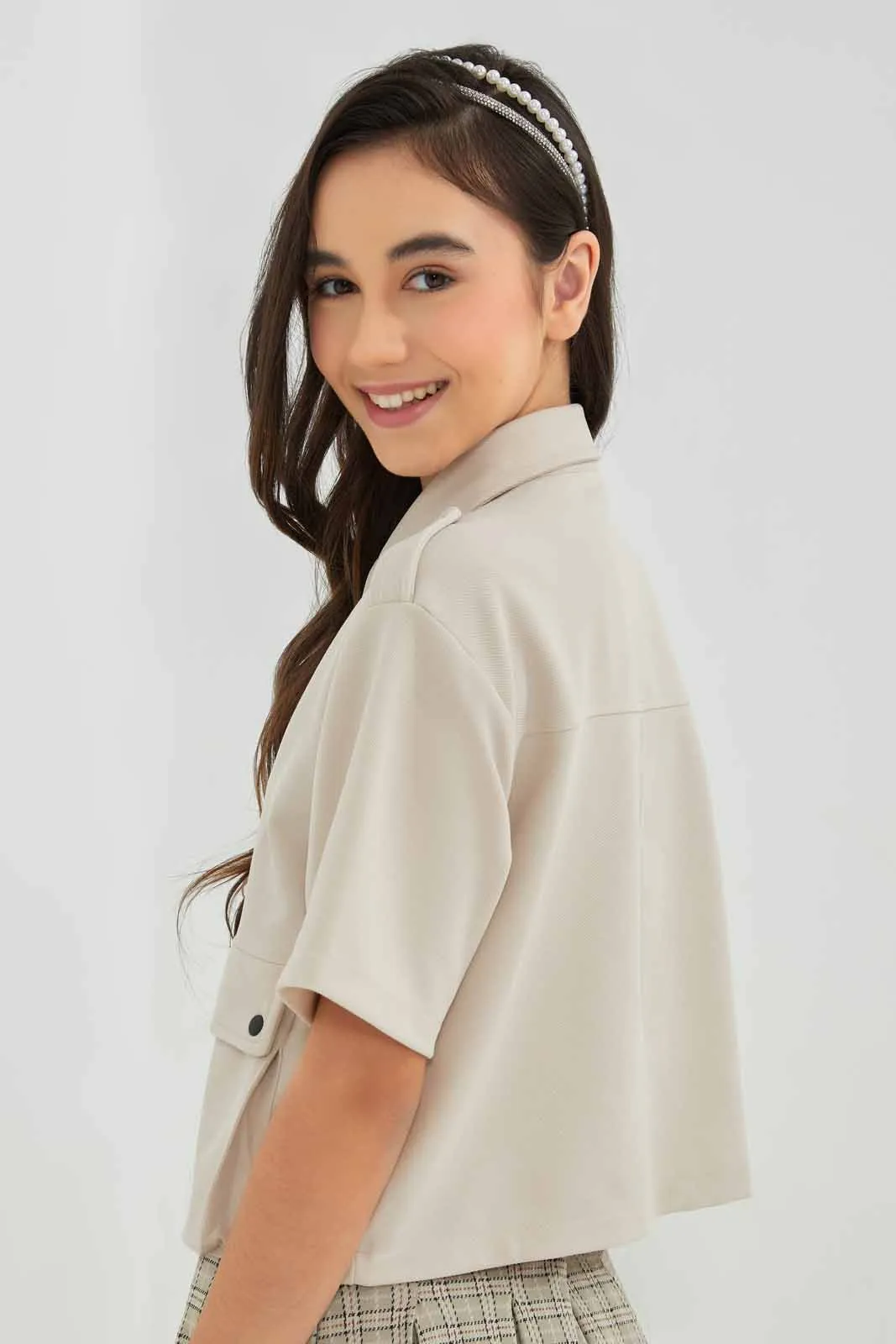 Senior Girls Beige Cropped Shirt