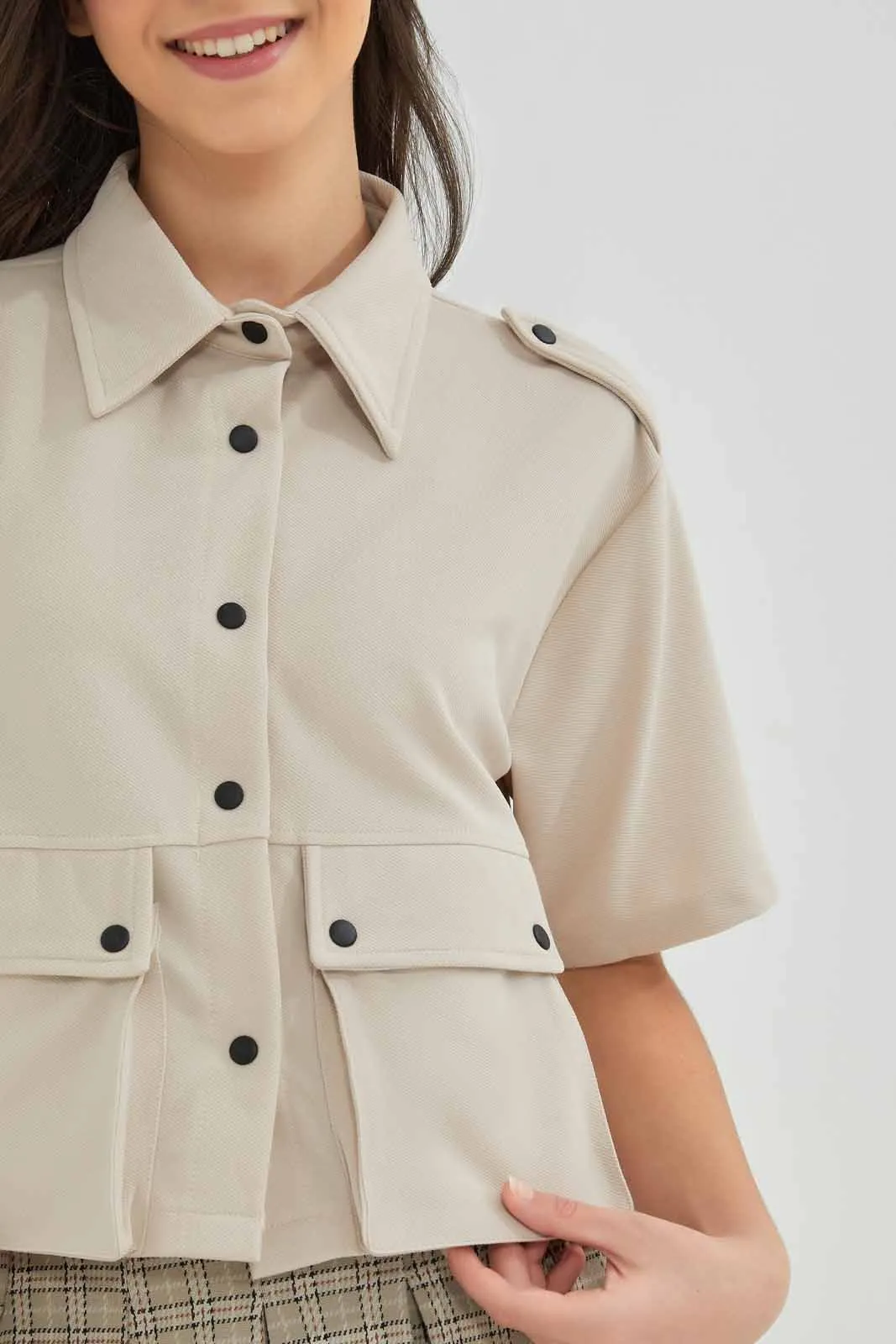 Senior Girls Beige Cropped Shirt